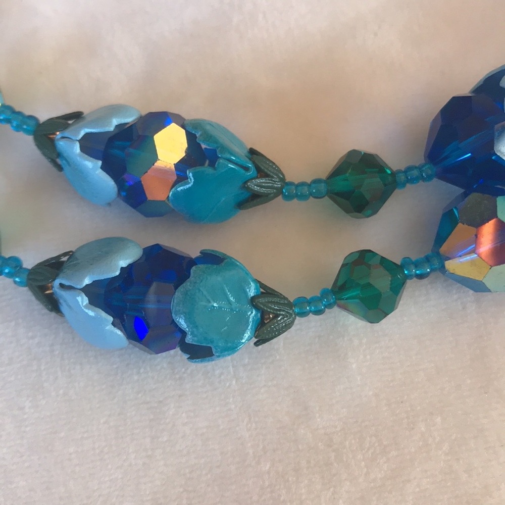 VTG BLUE ENAMEL AURORA BOREALIS CRYSTAL 2 STRAND - Picture 10 of 14